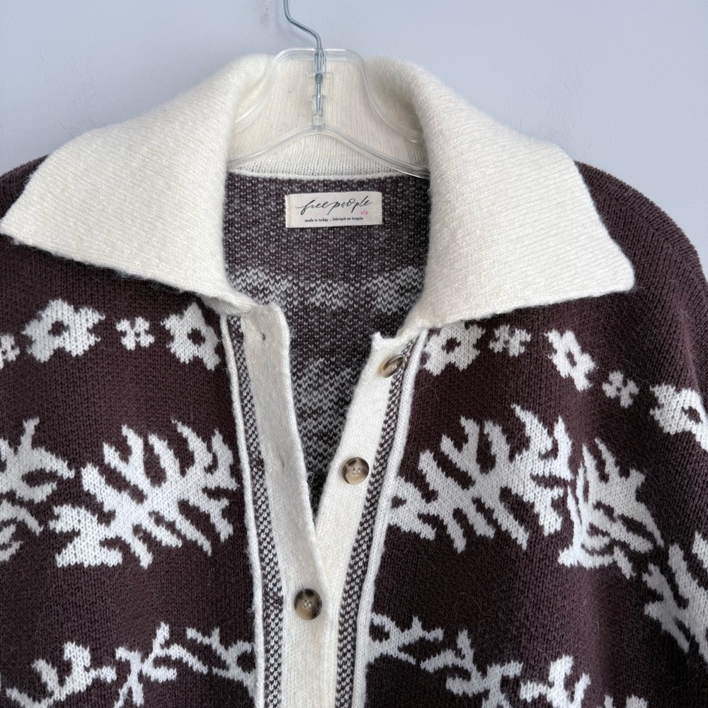 Free People Shelby Cardigan in Chocolate S Cozy Jacquard Knit Boxy Sweater - Picture 10 of 16